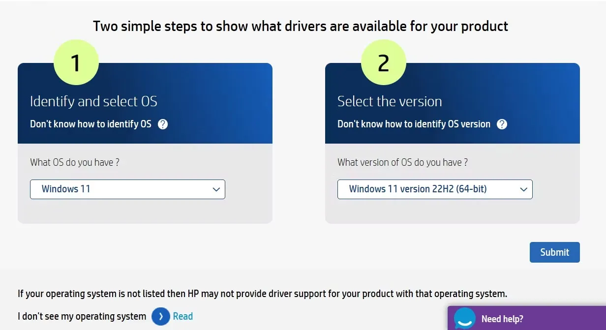 Tùy chọn Submit trong trang HP Software and Driver download