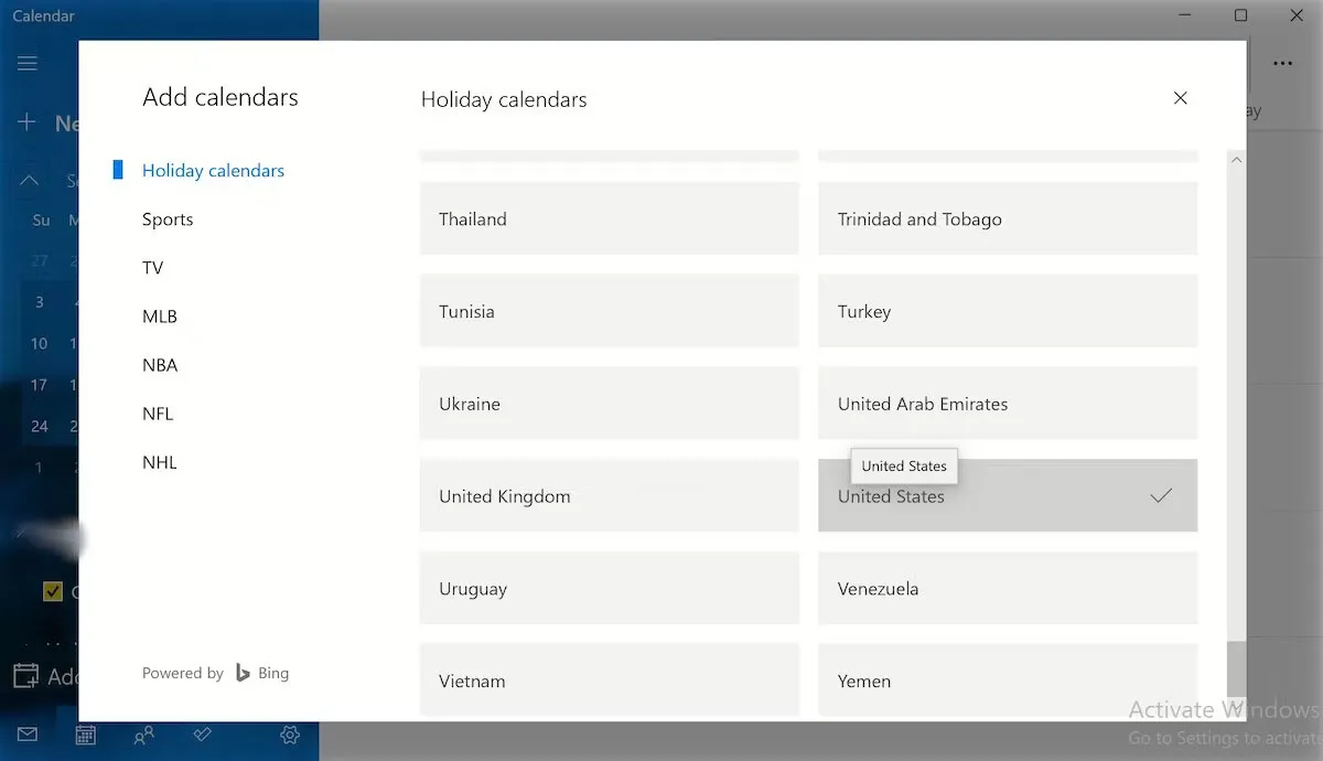 Menu lịch trên Windows 11