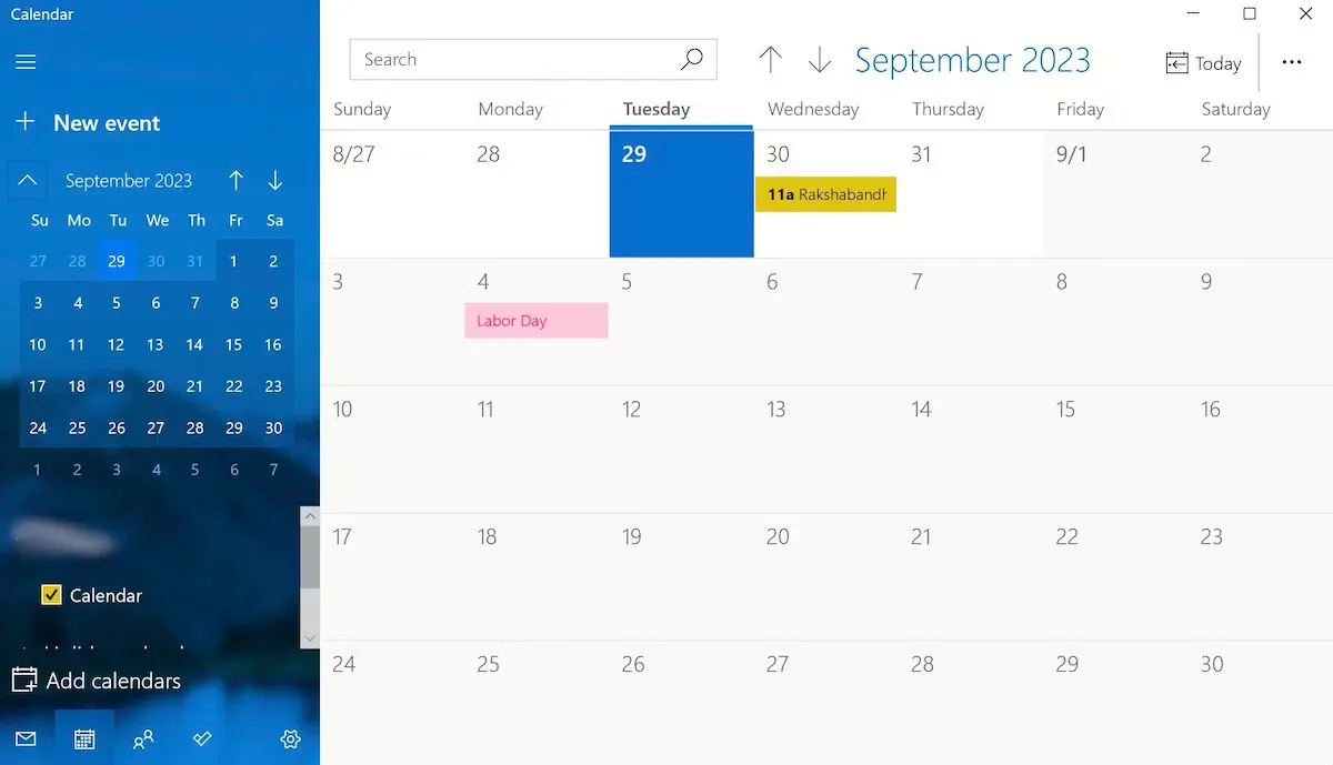 Menu chính của ứng dụng Calendar
