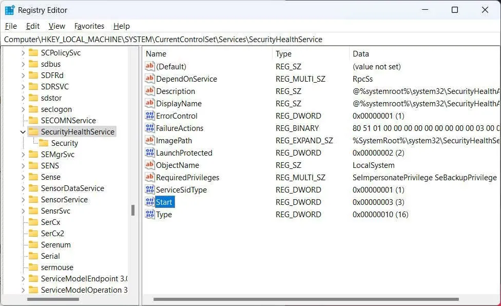 Nhấp đúp vào key Start