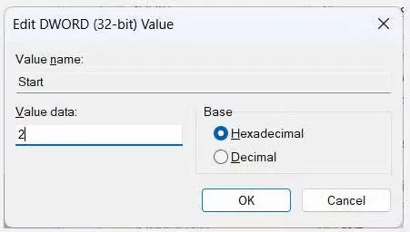 Đặt Value data thành 2