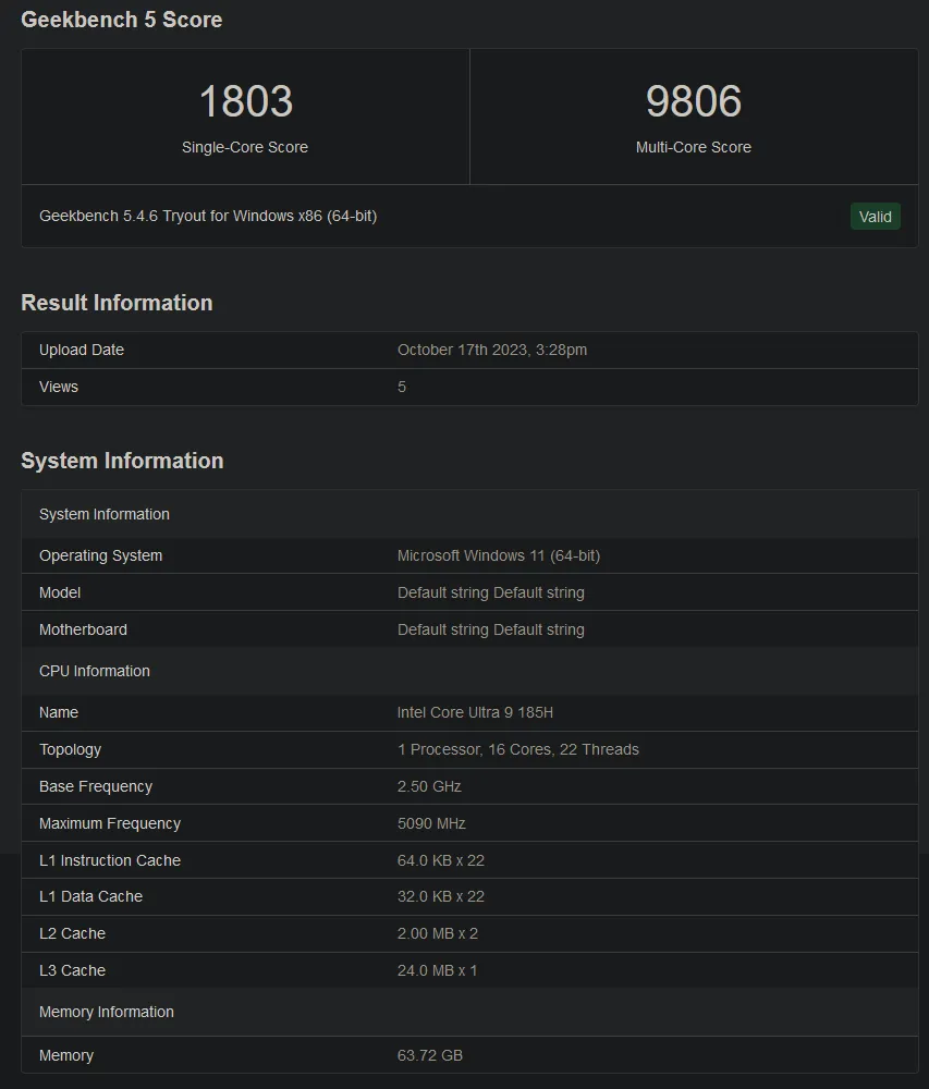 Intel Core Ultra 9 185H xuất hiện trên Geekbench