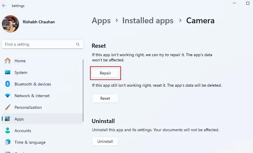 Tùy chọn Repair trong ứng dụng Camera