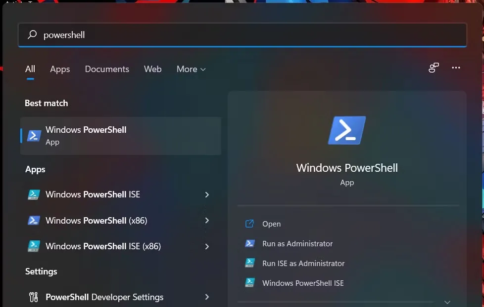 Mở PowerShell thông qua tìm kiếm.