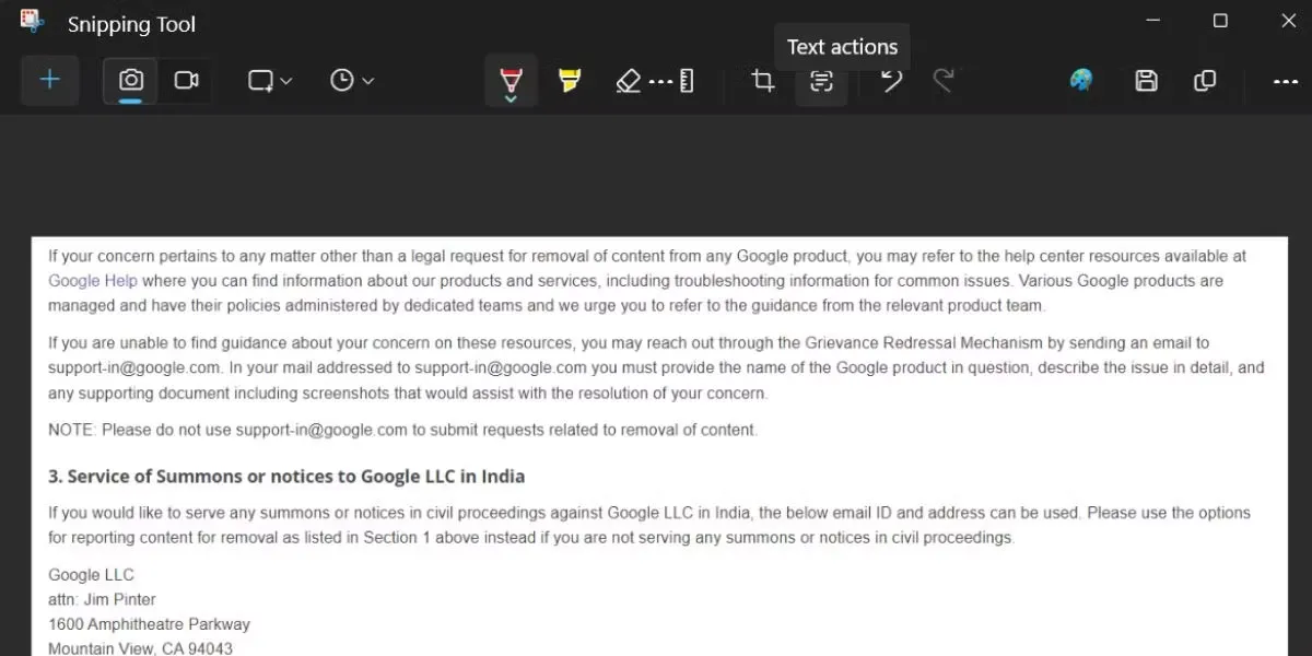 Sử dụng các Text Actions trong Snipping Tool