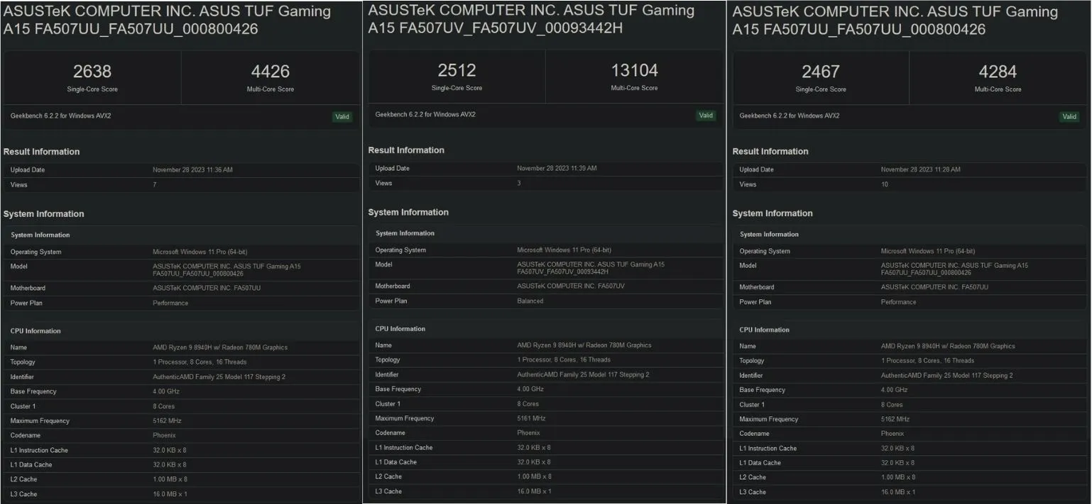 AMD Ryzen 9 8940H đã xuất hiện trên Geekbench cùng với một chiếc laptop Asus TUF A15