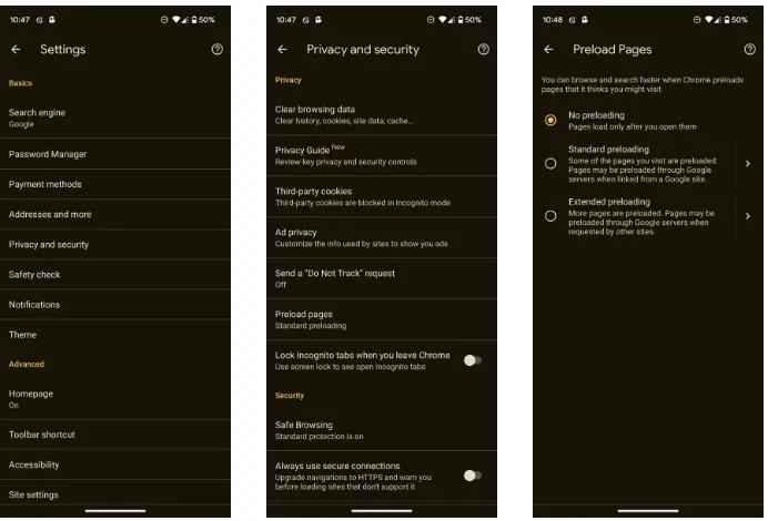 Vô hiệu hóa tính năng Preload trang