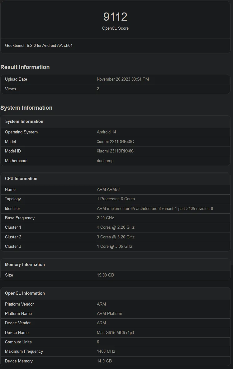 Điểm chuẩn MediaTek Dimensity 8300 Geekbench OpenCL