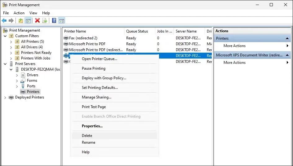 Xóa máy in bằng snap-in Print Management trên Windows 11